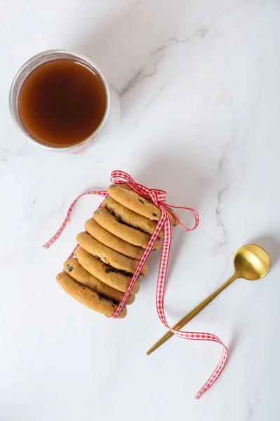 Kekse Mit Schokotropfen Zum Valentinstag Horizontales Foto Draufsicht Valentinstag — Stockfoto