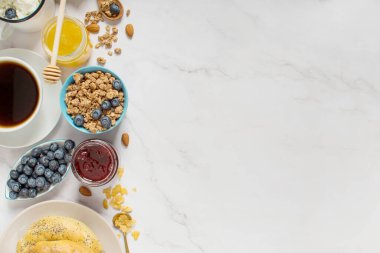 Sağlıklı kahvaltı. Kahvaltı süzme peynir ve yoğurt, böğürtlen, müsli, meyve, kruvasan.