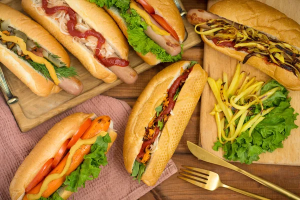 Set Hot Dogs Mustard Ketchup Onion Relish Chili Salsa Small — Stock Photo, Image