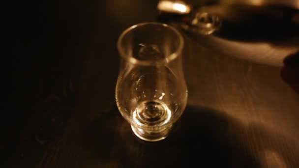 Ρίχνει ένα ποτήρι ουίσκι από μία φιάλη — Αρχείο Βίντεο