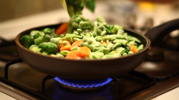 Woman mixing frosted vegetables — Stock Video