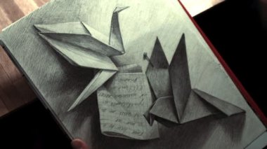 origami kuşlar kompozisyonu çizim kadın