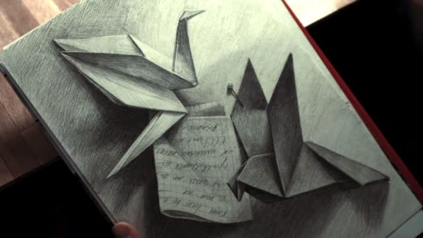 Frau zeichnet eine Komposition aus Origami-Vögeln — Stockvideo