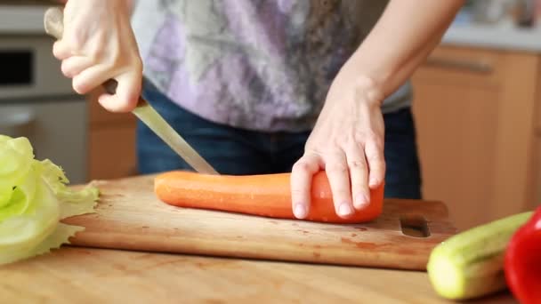 Женская рука, нарезающая морковь — стоковое видео