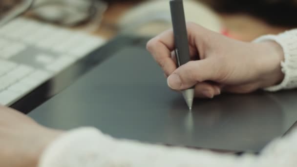 Manos de una mujer que trabaja con la tableta de dibujo — Vídeo de stock