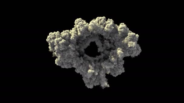 Explosion de fumée 4K, effet d'onde de choc isolé sur fond noir, vue de dessus avec alpha — Video