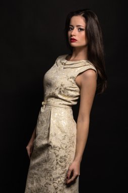 Bir kız güzel romantik görüntüsü. Karanlık bir arka plan üzerinde şık elbiseli güzel esmer.