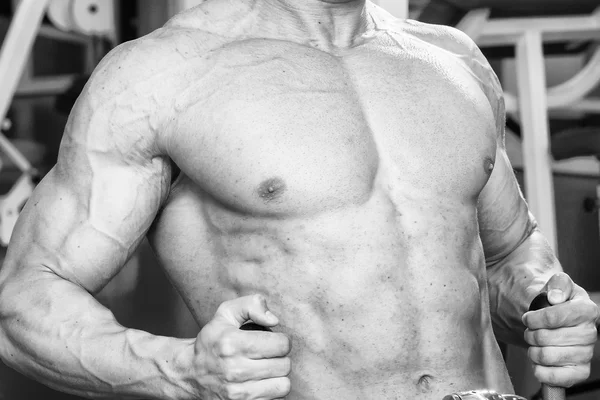 Strong muscular man doing exercises in the gym. Beautiful body on a black and white photo. Healthy lifestyle. — Stock Photo, Image