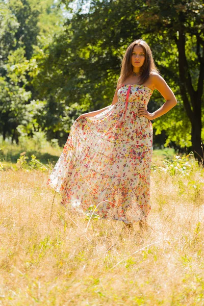 美しい夏の若くて魅力的な女の子がドレスアップ日当たりの良い牧草地の真ん中。夏の太陽の暖かい光を浴びて元気な女の子。屈託のない少女の美しい画像。雑誌の写真, — ストック写真
