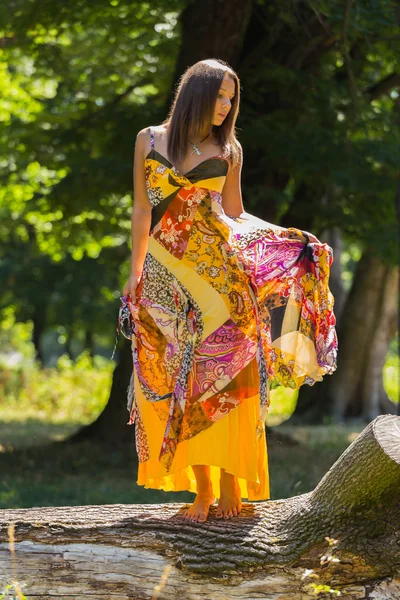 Une jeune fille séduisante dans une belle robe d'été au milieu de prairies ensoleillées. Fille joyeuse se prélasser dans les rayons chauds du soleil d'été. Belle image d'une fille insouciante . — Photo