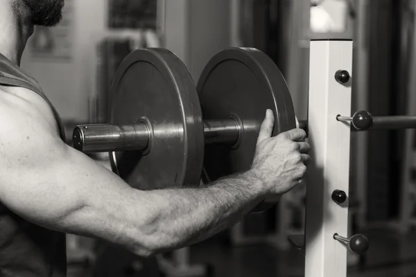 Entrenamiento de fuerza con pesas. Husky tiene una gran mancuerna en la mano. Deporte, culturismo, estilo de vida saludable . — Foto de Stock