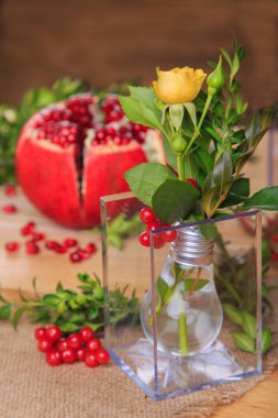 Güzel kompozisyon nar, çiçek ve çiçek soğanı. Güzel hala hayat ahşap zemin üzerine Narlı. Meyve ve çiçekler güzel kompozisyon dekor.