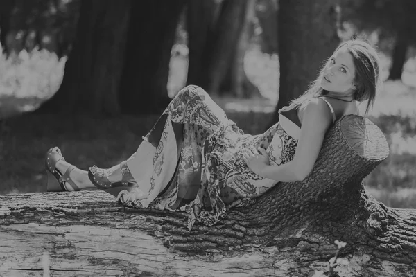公園で美しい少女を写真します。繊細な野生の花の真ん中に若いブルネットのドレス。プロのメイクで女の子の黒と白の肖像画の写真. — ストック写真