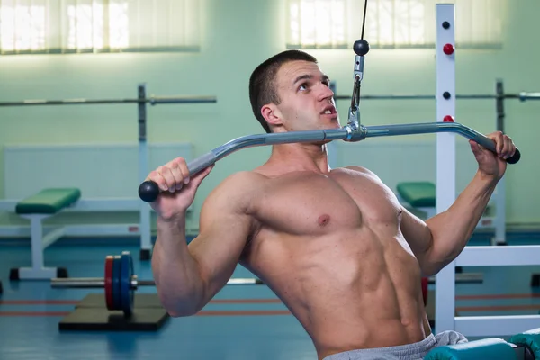 Atleta en el gimnasio haciendo empuje vertical. El poder de ejercitar los músculos de la espalda. Fotos para revistas deportivas, carteles y sitios web . — Foto de Stock