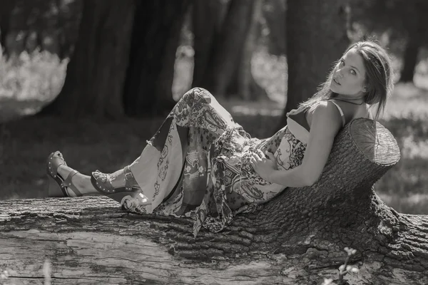 Jeune femme brune en robe blanche. Une fille se tient au milieu du champ de fleurs roses par une journée ensoleillée. Champ, fleurs beauté, nature, - Le concept de vacances à la campagne. Article sur les vacances . — Photo