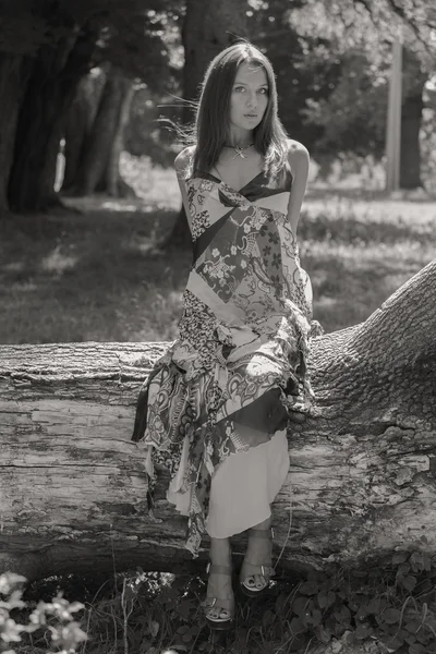 Mulher morena jovem em um vestido branco. Uma menina fica no meio do campo de flores cor-de-rosa em um dia ensolarado. Campo, flores beleza, natureza, - O conceito de férias no campo. Artigo sobre férias . — Fotografia de Stock