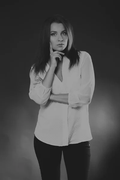 Elegant girl in white blouse, black-and-white photo — Stock Photo, Image