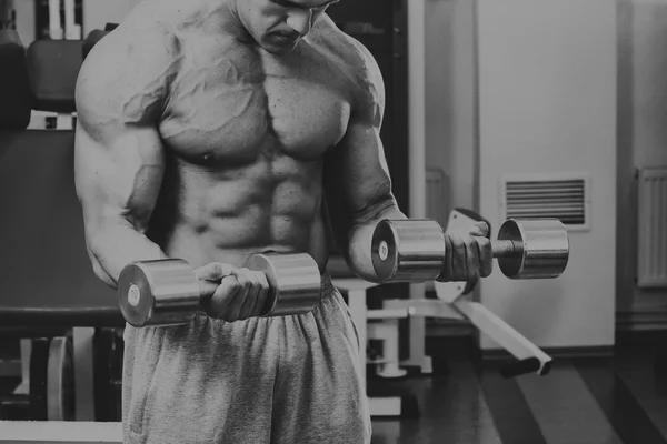 Un hombre fuerte. Entrenamiento muscular en el gimnasio. Entrenamiento en el gimnasio . — Foto de Stock