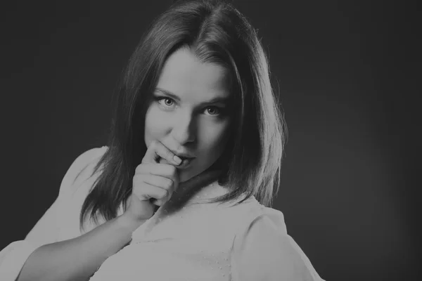 Elegant girl in white blouse, black-and-white photo — Stock Photo, Image