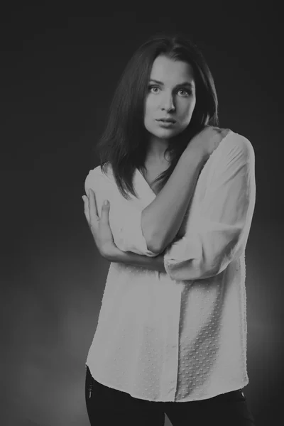 Elegant girl in white blouse, black-and-white photo — Stock Photo, Image