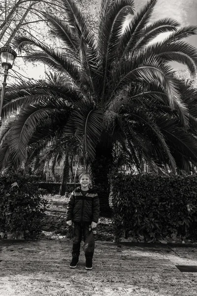 Parkta beş yürüyen bir çocuk. Çocuk Park palmiye ağaçları ile — Stok fotoğraf