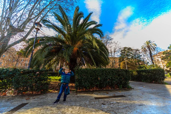 Un niño de cinco años camina por el parque. Niño en el parque con palmeras —  Fotos de Stock