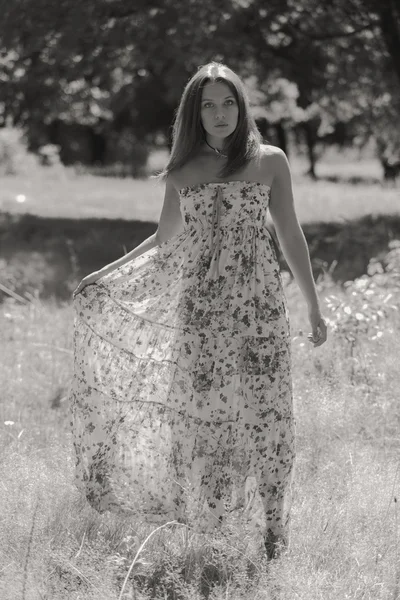 Mujer morena joven en un vestido blanco. Una chica está parada en medio del campo de flores rosadas en un día soleado. Campo, flores belleza, naturaleza, - El concepto de vacaciones en el campo. Artículo sobre vacaciones . —  Fotos de Stock