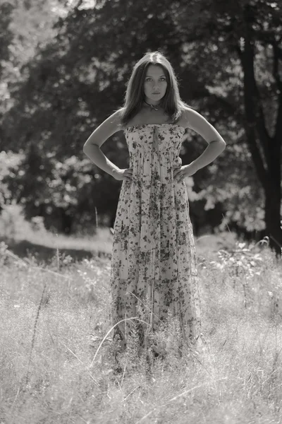 Giovane donna bruna in un vestito bianco. Una ragazza si trova in mezzo al campo di fiori rosa in una giornata di sole. Campo, la bellezza dei fiori, la natura, - Il concetto di vacanza in campagna. Articolo sulle vacanze . — Foto Stock