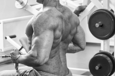 Atlet spor salonunda dikey itme yapma. Arka kasları egzersiz için güç. Fotoğraflar spor dergileri, afiş ve Web siteleri için.