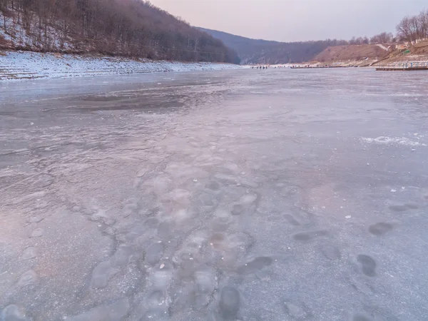 Beautiful winter landscape on the river. River in ice. Winter fishing — Stock Photo, Image