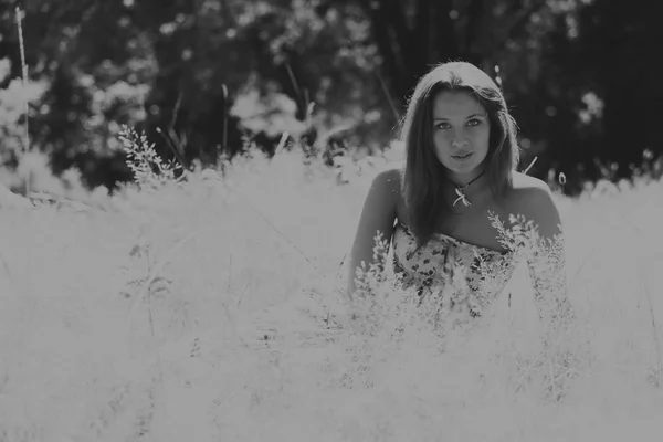 Jeune femme brune en robe blanche. Une fille se tient au milieu du champ de fleurs roses par une journée ensoleillée. Champ, fleurs beauté, nature, - Le concept de vacances à la campagne. Article sur les vacances . — Photo