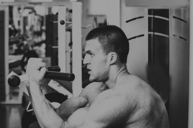 Atlet spor salonunda dikey itme yapma. Arka kasları egzersiz için güç. Fotoğraflar spor dergileri, afiş ve Web siteleri için.