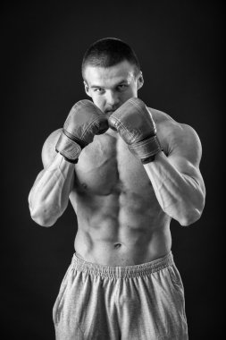 Boks eldivenleri adam. Siyah arka plan üzerinde genç boksör savaşçısı. Savaşmaya hazır boksörü. Boks, egzersiz, kas, güç, güç - eğitim ve boks gücü kavramı