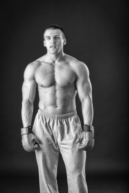 Boks eldivenleri adam. Siyah arka plan üzerinde genç boksör savaşçısı. Savaşmaya hazır boksörü. Boks, egzersiz, kas, güç, güç - eğitim ve boks gücü kavramı