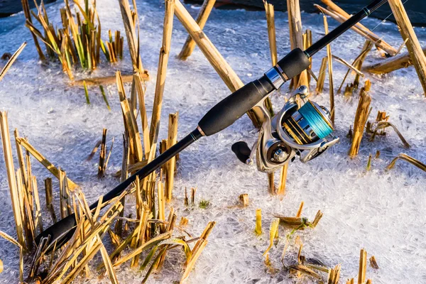 回転の冬の釣り。回転をキャッチします。地上の魚。川のベルクに腰を下ろす、キャッチ. — ストック写真