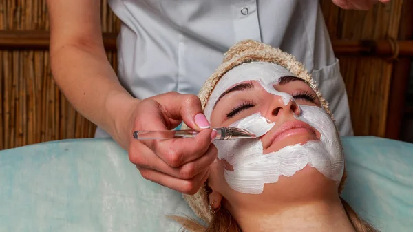 Chica con una esteticista en el salón de spa. esteticista realiza procedimientos cosméticos. Aplicación de crema cosmética. Cosmetología, facial, belleza - El concepto de cuidado de la piel facial. Artículo sobre cosmetología . —  Fotos de Stock