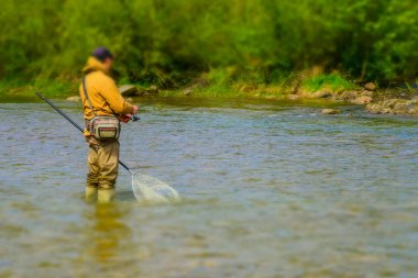 Dağ Nehri üzerinde Balık tutma. Alabalık balıkçılık. Balıkçı balıkçılık 