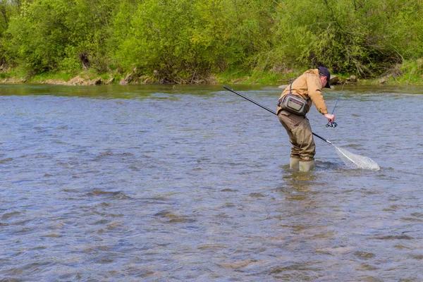 Pesca sul fiume di montagna. Pesca alla trota. Pesca dei pescatori — Foto Stock