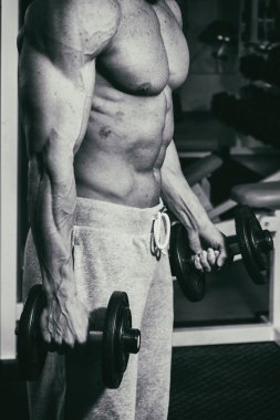 Spor salonunda dumbbells ile bir meslek. Güçlü adam dumbbells ile