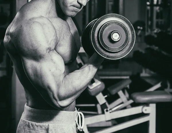 Occupation with dumbbells in the gym. Strong man with dumbbells — Stock Photo, Image