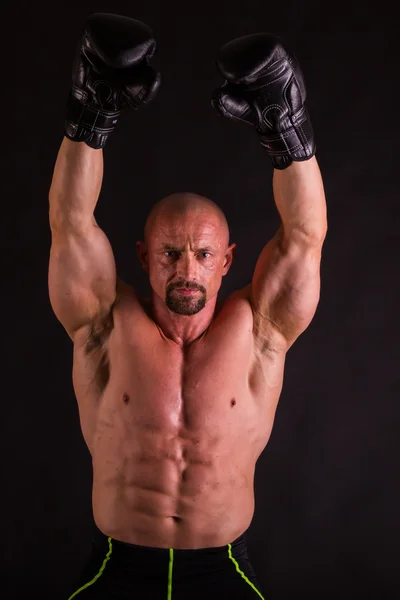 Muscular fighter with a naked torso and boxing gloves Royalty Free Stock Photos