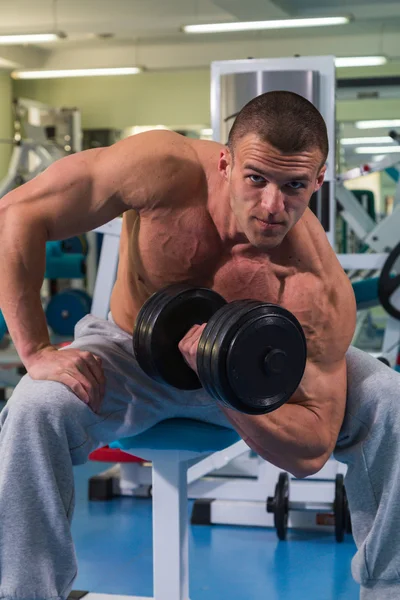 Culturista con mancuernas en gimnasio — Foto de Stock