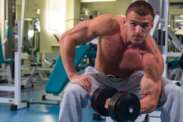 Bodybuilder with dumbbells in fitness club — Stock Photo, Image