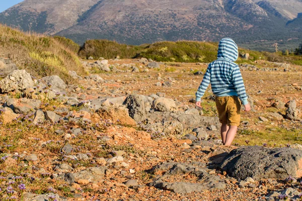 Пятилетний мальчик ходит по скалистой местности. — стоковое фото