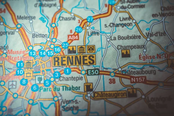 Rennes Sulla Mappa Europa — Foto Stock