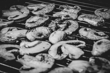 Mantarlar ızgara, kamp. Taşınabilir barbekü