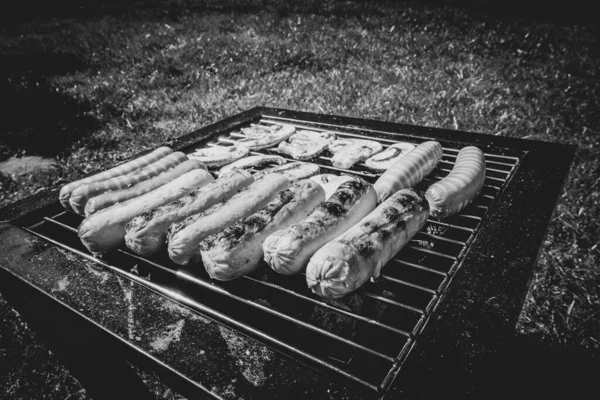 Enchidos Grelhados Recreação Livre Churrasco Portátil — Fotografia de Stock