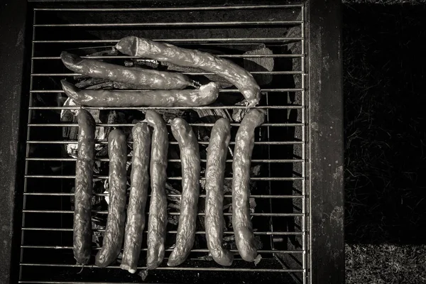 Enchidos Grelhados Recreação Livre Churrasco Portátil — Fotografia de Stock