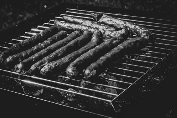 Enchidos Grelhados Recreação Livre Churrasco Portátil — Fotografia de Stock