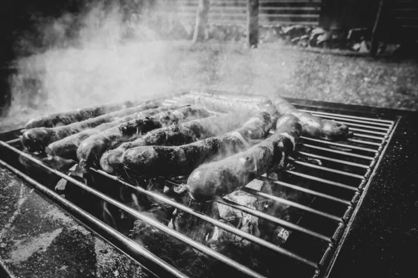 Enchidos Grelhados Recreação Livre Churrasco Portátil — Fotografia de Stock